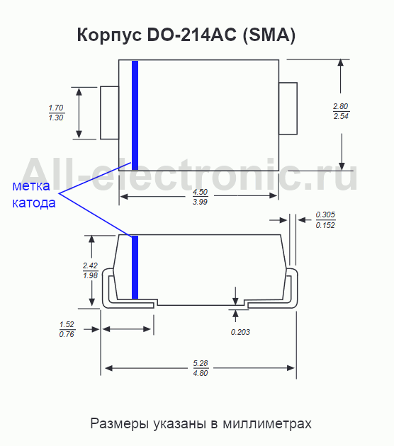 Внешний вид и размеры корпуса DO-214AC (SMA)